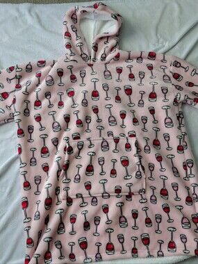 Soft Blanket Pink Hoodie with Wine Glass Design Oversized Wearable Blanket OSM